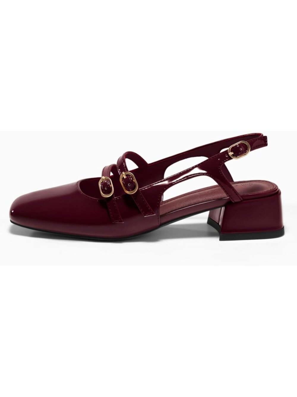 Women's Dark Red Mary Jane Chunky Low Heel Slingback Closed Square Toe Shoes - Picture 6 of 6